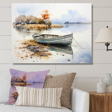 Blue and orange Autumn Tranquility Fishing Boat - Boat Fishing Canvas Wall Art